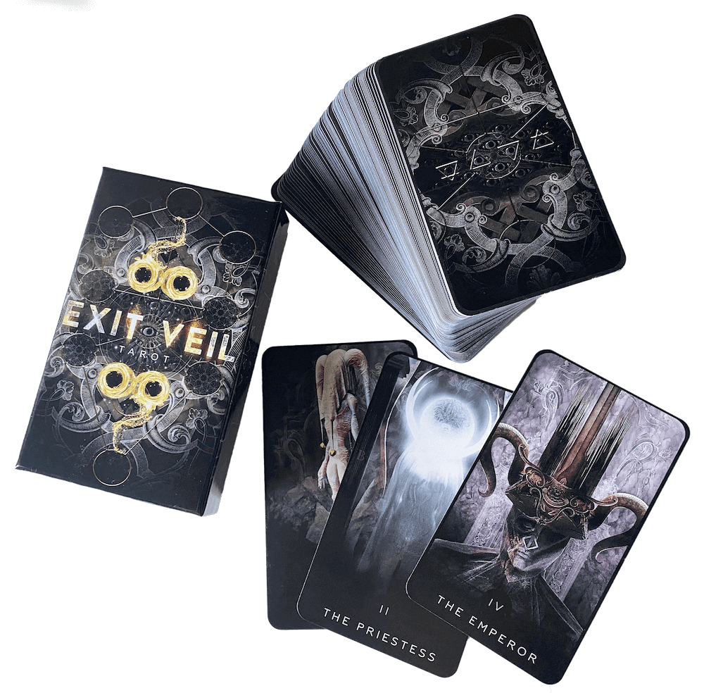 image of Exit Veil Tarot deck and a selection of cards