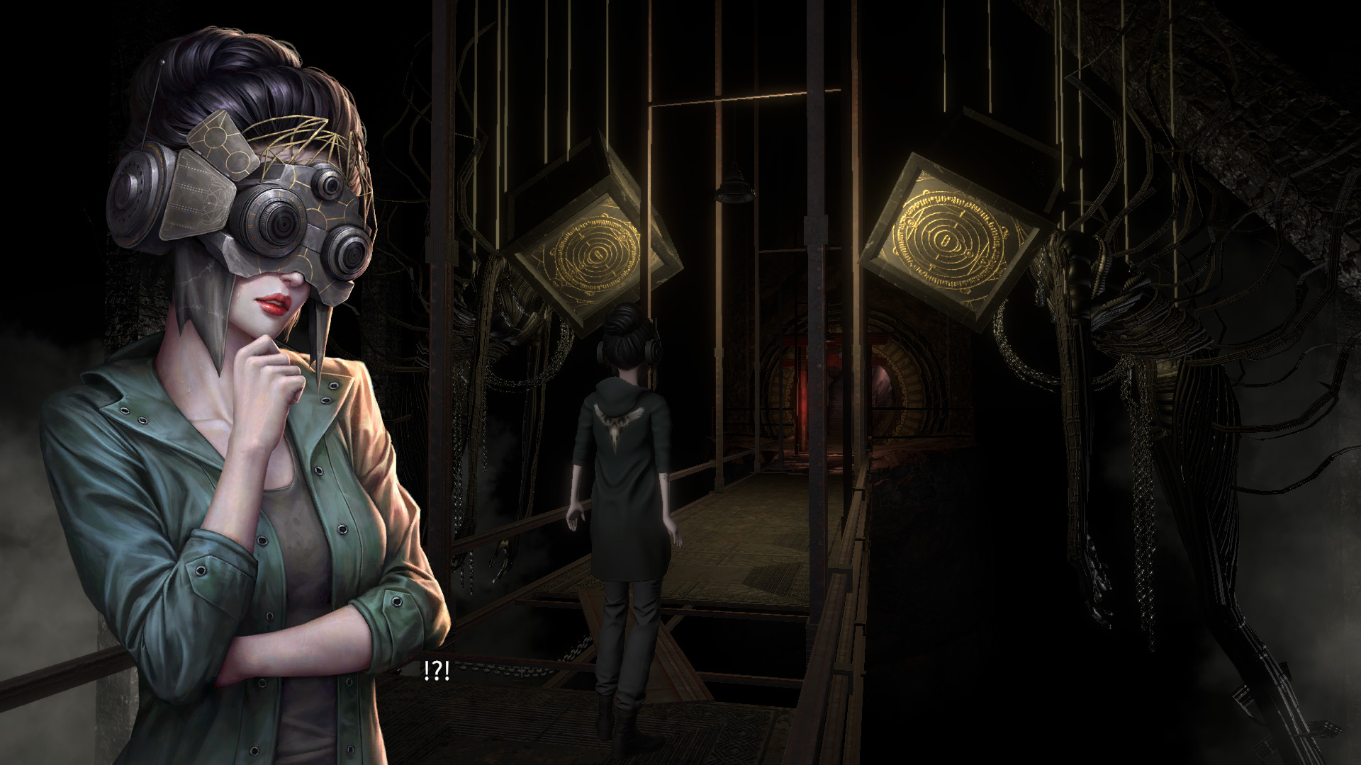 A screenshot from EXIT VEIL featuring the main character, Tori, in front of two mechanical creatures. A drawn image of an uneasy Tori is in the foreground.