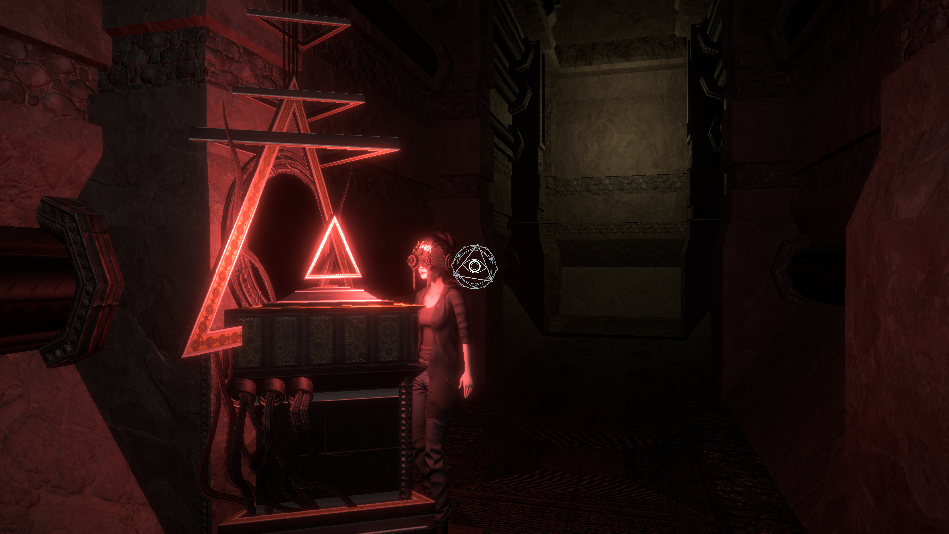 A screenshot from EXIT VEIL featuring the main character, Tori, in front of two glowing pedestals.