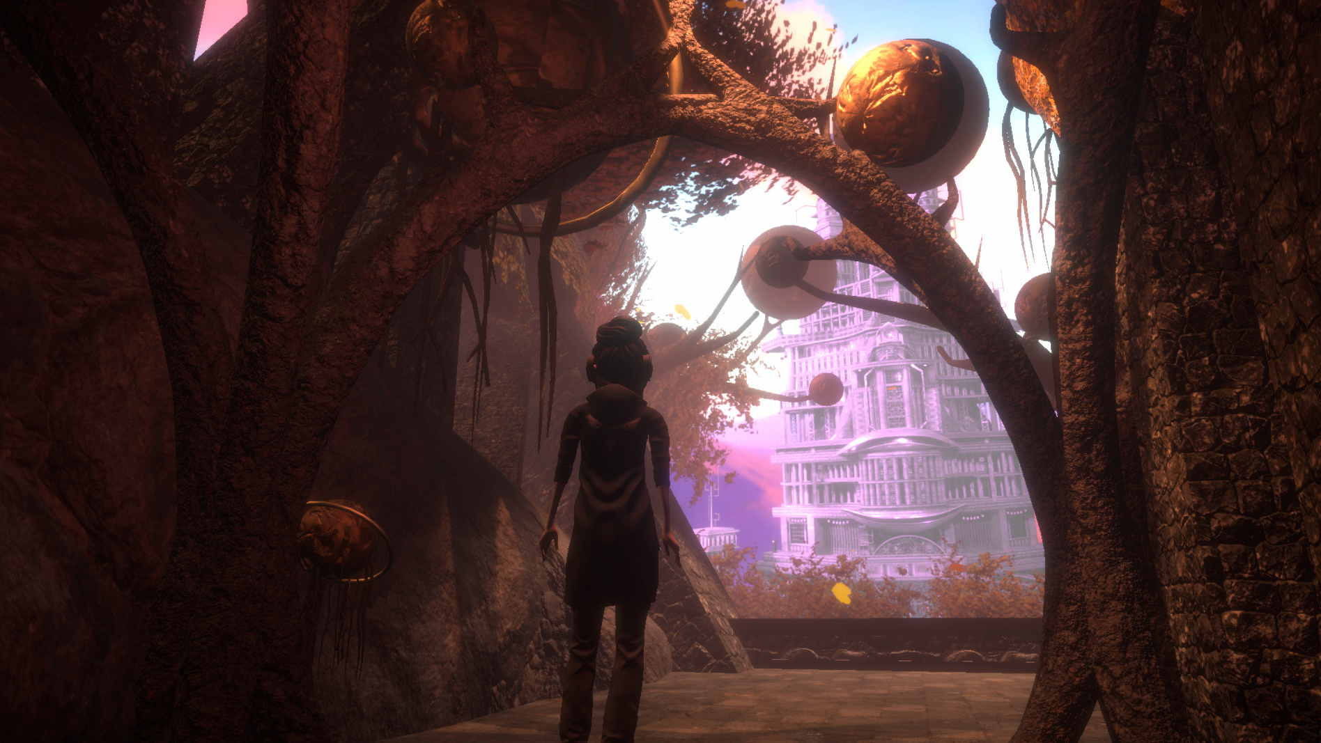A screenshot from EXIT VEIL featuring the main character, Tori, in front of an autumnal scene with a large white tower in the background.