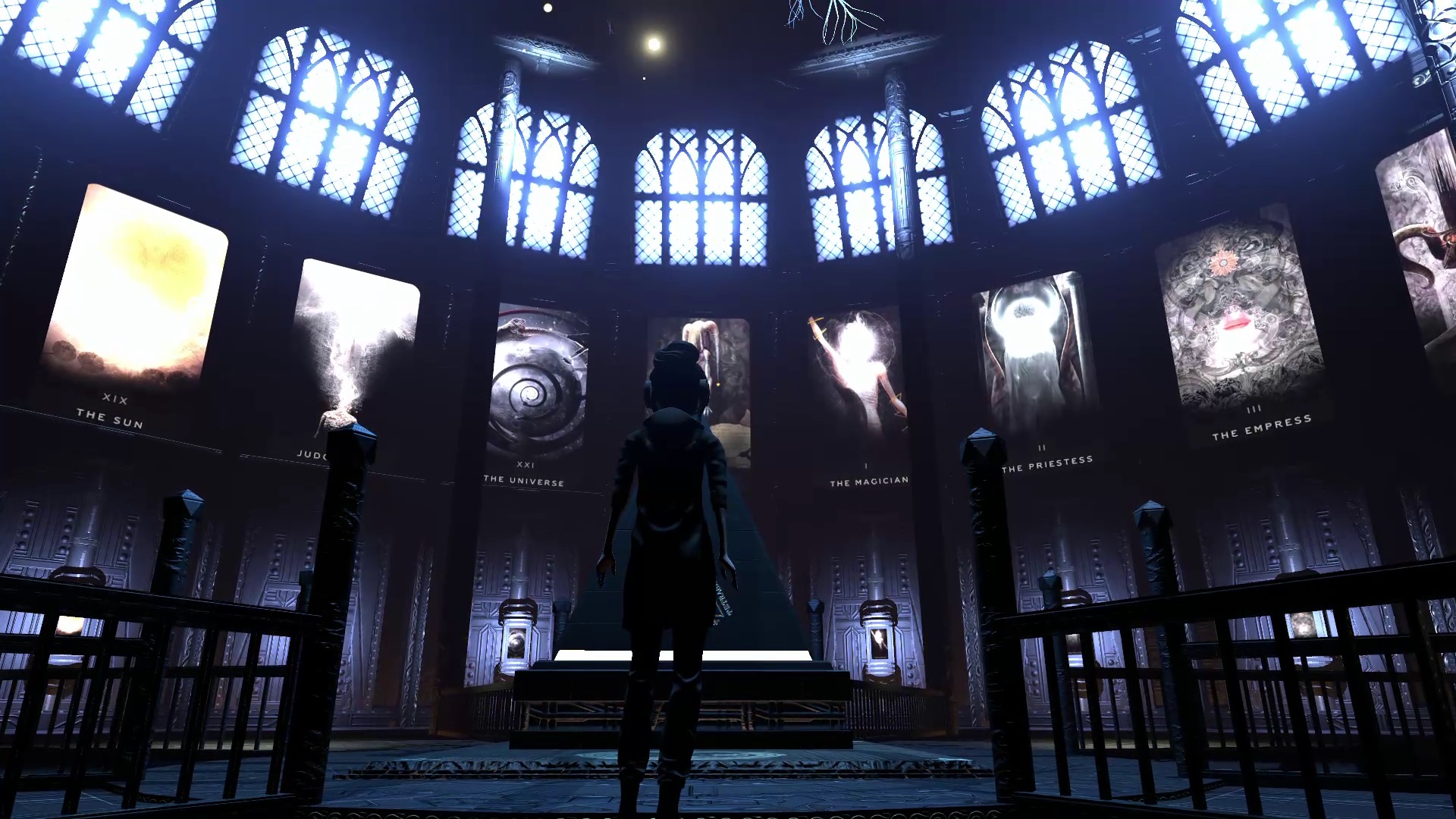 A screenshot from EXIT VEIL featuring the main character, Tori, in a domed hall lit by tall windows, with giant tarot cards lining the walls.