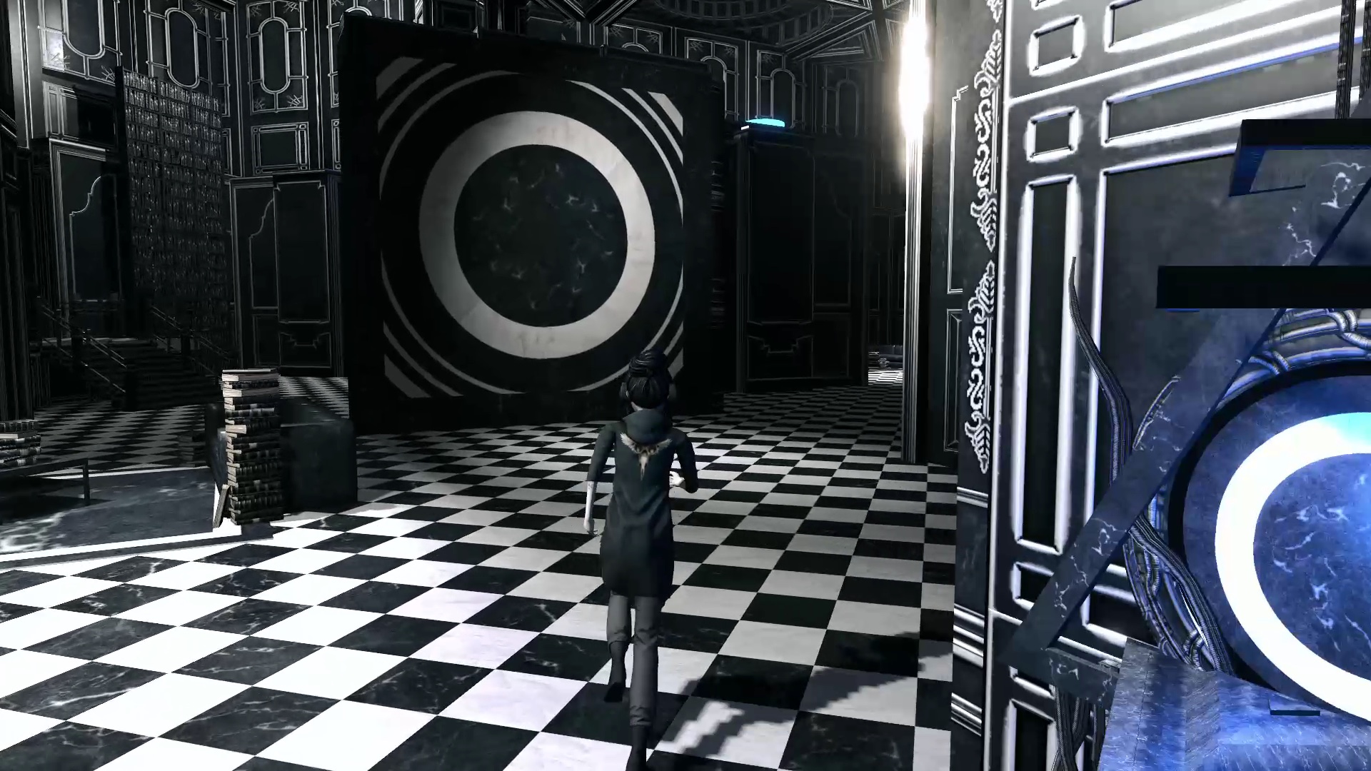 A screenshot from EXIT VEIL featuring the main character, Tori, walking across a black-and-white checkered floor toward a large circular panel.